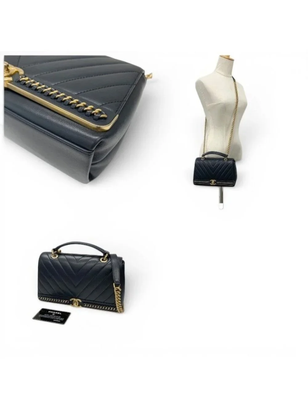 Chanel Shoulder Bag Navy Gold Blanc CC Logo Stitch Chain Turnlock 2-Way